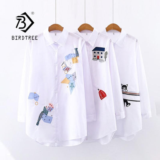 2020 New Women Embroidery Long Sleeve White Shirt Button Up Turn Down Collar Cute Cartoon Blouse Long Tops Feminina Blusas T9D62