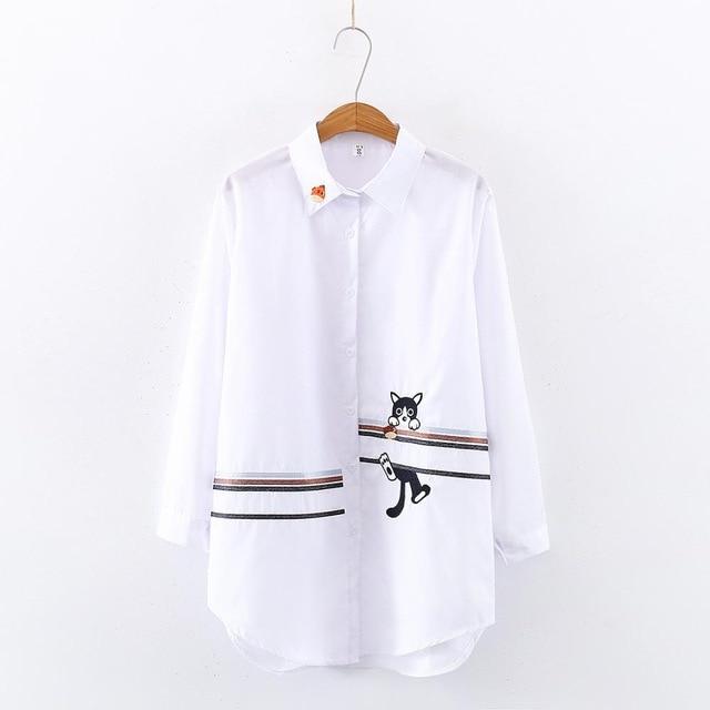 2020 New Women Embroidery Long Sleeve White Shirt Button Up Turn Down Collar Cute Cartoon Blouse Long Tops Feminina Blusas T9D62