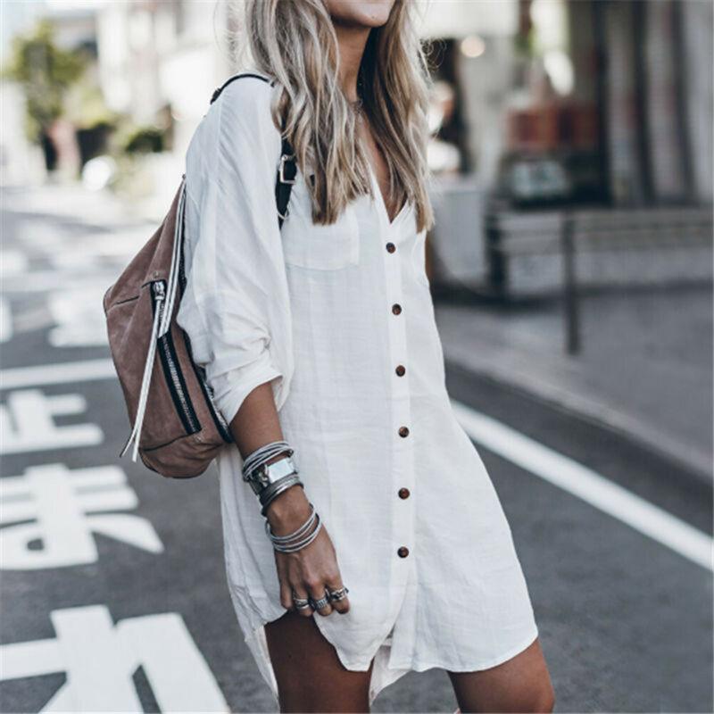 2019 Women Summer Long Sleeve Shirts Fashion Black White Long Loose Blouse Beach Holiday Casual Shirt Top Street Wear New