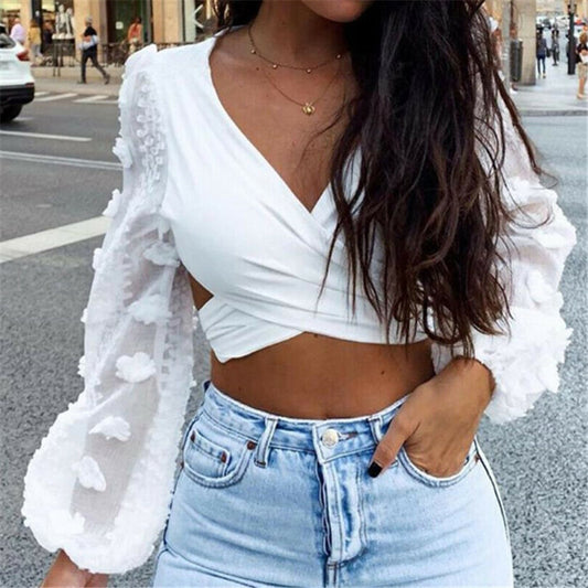 Elegant OL Women Shirts Celmia 2019 Fashion Long Lantern Sleeve Lace Blouses Sexy V Neck backless Cross Crop Tops Casual Blusas