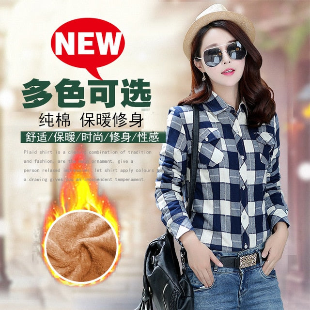 Plus Size Women Coats Winter Warm Blouses Camisa Femininas Long Sleeve Thick Velvet Plaid Shirt Flannel Shirts Full Cotton Top
