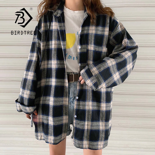 New Arrival Women Batwing Sleeve Oversize Harajuku Plaid Shirt Turn-down Collar Button Up Retro Brushed Blouse Feminina Blusa T9