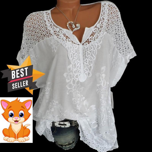 2019 Summer Short Sleeve Womens Blouses And Tops Loose White Lace Patchwork Shirt Plus Size 4xl 5xl Women Tops Casual Clothes