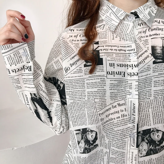 Mazefeng 2019 Spring Women Casual Shirts Loose Style Female Vintage Shirts Turn-down Collar Women Shirts Ladies Print Newspaper