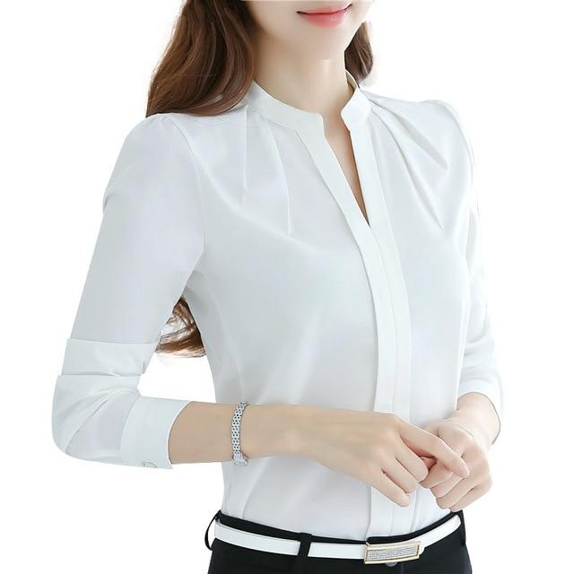 Dreawse Spring Autumn Women Tops Long Sleeve Casual Chiffon Blouse Female V-Neck Work Wear Solid Color White Office Shirts 2550