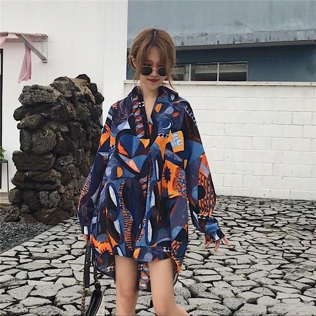 [DEAT] 2020 Spring New Fashion Turn Down Collar Loose Print Long Sleeve Printed Long Shirt Women's Blouse Famle Free Size WB024