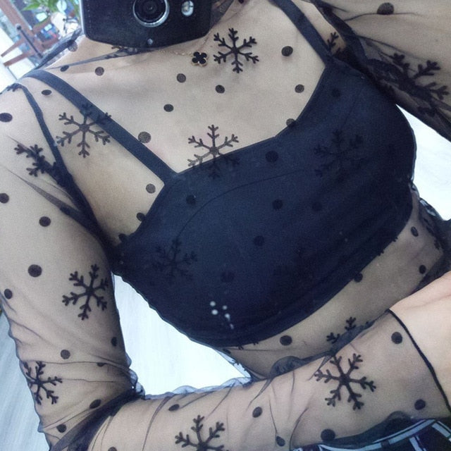 Sexy Mesh Transparent Blouses Tops Clothing Unlined Upper Garment Long Sleeve  Net Build Korean Fashion Jacket ds50