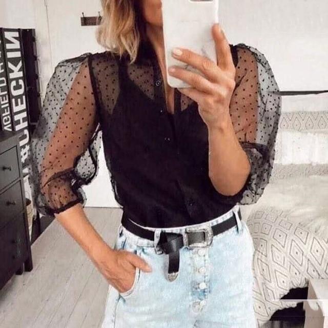 Women Floral Embroidery Mesh Sheer See-through Crop Top Shirts Blouse 3/4 Puff Sleeve Polka Dot Loose Slim Blusa Soft Outwear
