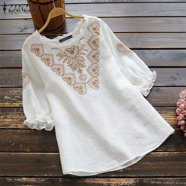 ZANZEA Spring Long Sleeve Ruffles Tops Women Vintage Embroidery Blouse  Casual O Neck Cotton Linen Blusas Femininas Shirt Mujer