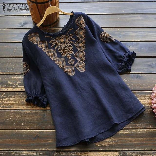 ZANZEA Spring Long Sleeve Ruffles Tops Women Vintage Embroidery Blouse  Casual O Neck Cotton Linen Blusas Femininas Shirt Mujer