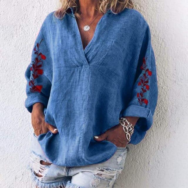 ZANZEA Autumn Cotton Linen Shirt Women V Neck Long Sleeve Blouse Floral Embroidery Tops Femme Robe Work Blusas Chemise Mujer 7