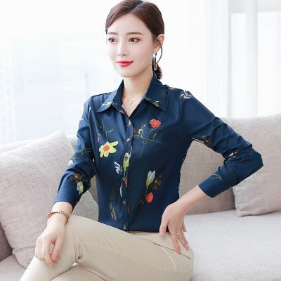 5XL Patchwork Long Sleeve Shirts Women Blouse Autumn Lapel Office Ladies Button Casual Shirt Plus Size Blouses Blue Tops Blusas