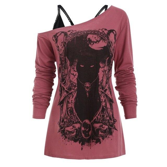 Fashion Blouse Women Shirt Skew Neck Cold Shoulder Cartoon Print Gothic Tee With Cami Women Tops Free Ship блузка женская Z4