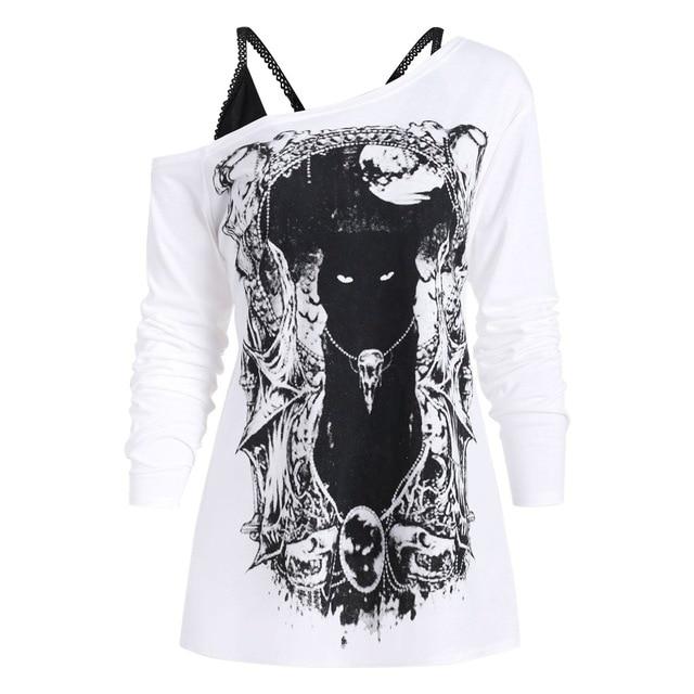 Fashion Blouse Women Shirt Skew Neck Cold Shoulder Cartoon Print Gothic Tee With Cami Women Tops Free Ship блузка женская Z4