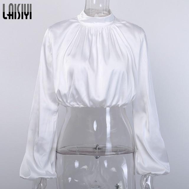 LAISIYI 2020 Spring Lantern Long Sleeve Blouse Autumn Turtleneck Satin Silk Women Shirt Boho Hollow Out Womens Tops and Blouses