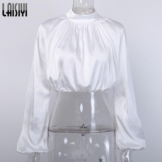 LAISIYI 2020 Spring Lantern Long Sleeve Blouse Autumn Turtleneck Satin Silk Women Shirt Boho Hollow Out Womens Tops and Blouses