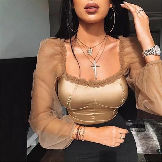 Womens Tops and Blouses Ladies Tulle Square Neck Frill Mesh Top Vintage Puff Long Sleeve Party Tee Shirt Elegant Blouse Top