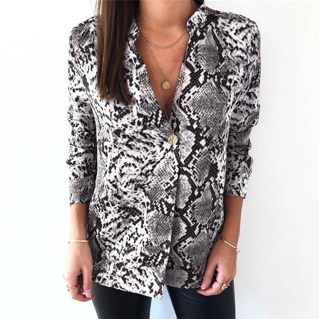 Sexy Animal Snake Skin Printed Shirts Women Kimono Tops Blouse Long Sleeve Turn Down Collar Elegant Ladies Casual Blouses