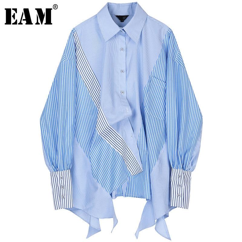 [EAM] Women Striped Spliced Big Size Asymmetrical Blouse New Lapel Long Sleeve Loose Fit Shirt Fashion Spring Autumn 2020 JZ687