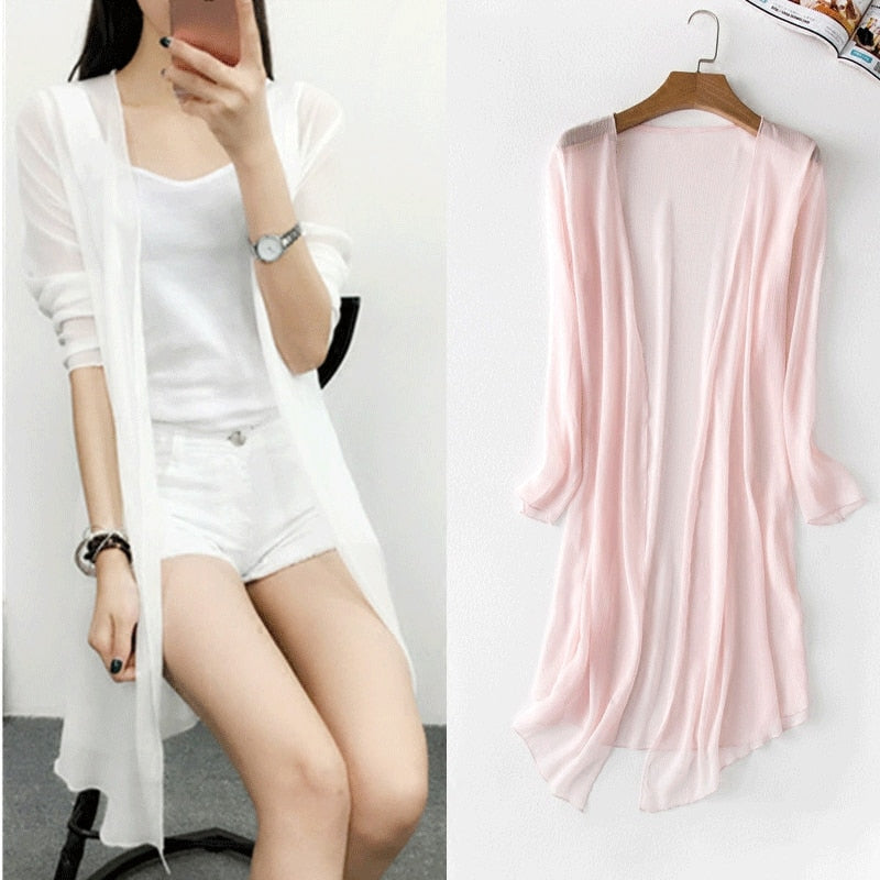Summer Chiffon Blouse Pink Cardigan Sun Protection clothing Long Blouse  Beach White  female Fashion Tops Feminino
