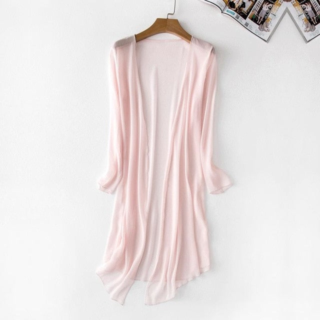 Summer Chiffon Blouse Pink Cardigan Sun Protection clothing Long Blouse  Beach White  female Fashion Tops Feminino