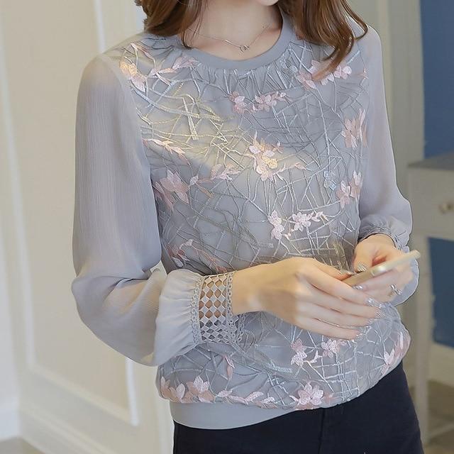 Women Long Sleeve Shirt Women New Floral Embroidery O Neck Lace Chiffon Blouses Blusa Ladies Casual Shirt Tops DF2289