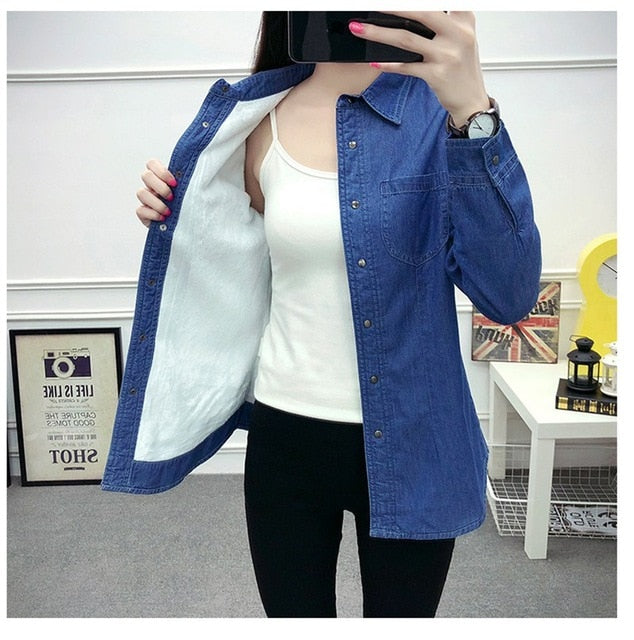 New Autumn winter women cotton flannel Warm thickening pocket long sleeve blouse Denim shirt casual flannel tops plus size