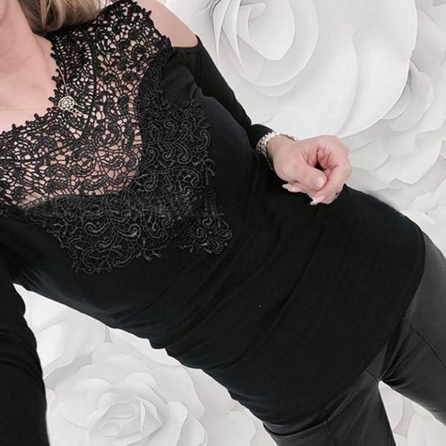 Hot Hot Sale Sexy Shirt New Women Solid Lace Cold Shoulder Long Sleeve Slim Blouse Top Shirts 2019 Elegant Shirt Female Clothes