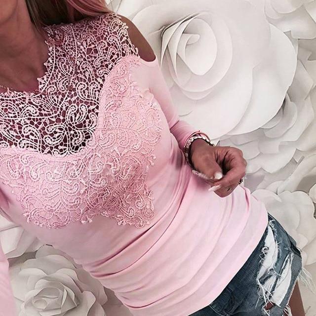 Hot Hot Sale Sexy Shirt New Women Solid Lace Cold Shoulder Long Sleeve Slim Blouse Top Shirts 2019 Elegant Shirt Female Clothes