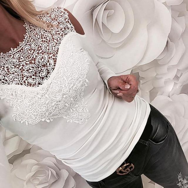 Hot Hot Sale Sexy Shirt New Women Solid Lace Cold Shoulder Long Sleeve Slim Blouse Top Shirts 2019 Elegant Shirt Female Clothes
