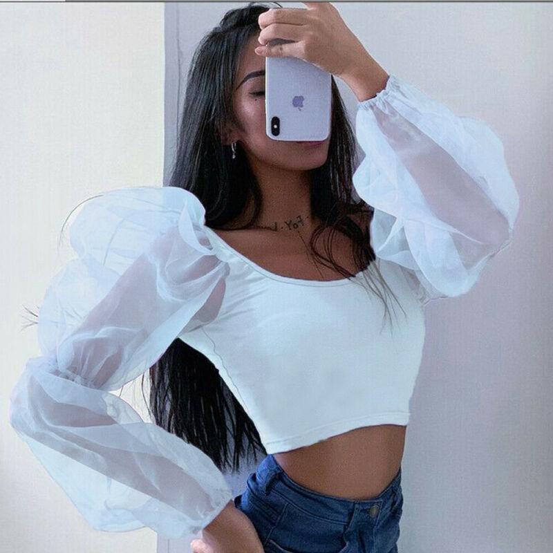 Women Sexy Off Shoulder Ruffles Organza Blouses Long Puff Sleeve Mesh Sheer Crop Top Shirt Off Shoulder Party Sweet Short Blouse