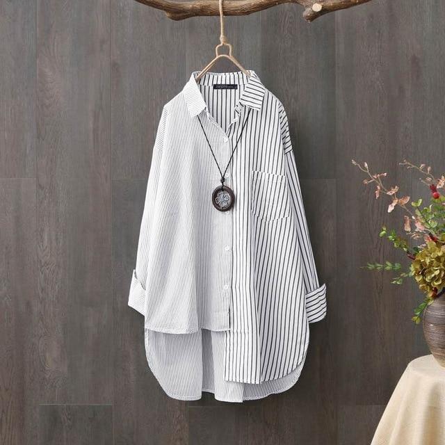 Women's Asymmetrical Shirts ZANZEA 2020 Fashion Striped Tops Casual Long Sleeve Blusas Female Button Patchwork Tunic Oversized