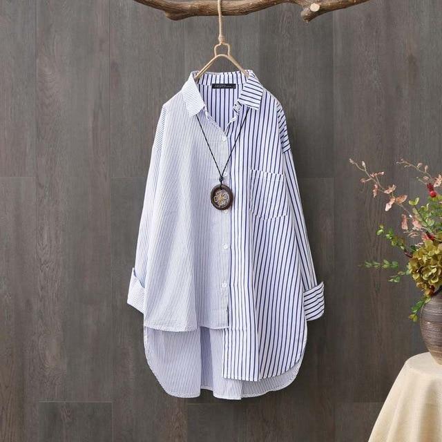 Women's Asymmetrical Shirts ZANZEA 2020 Fashion Striped Tops Casual Long Sleeve Blusas Female Button Patchwork Tunic Oversized