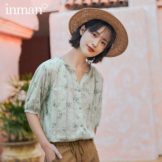 INMAN 2020 Summer New Arrival Pure Cotton V-neck Shivering Stringy Selvedge Half Sleeve Blouse