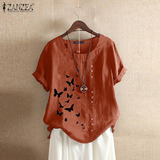 2020 ZANZEA Women's Printed Patchwork Blouse Kaftan Linen Tops Casual O Neck Blusas Female Short Sleeve Shirts Plus Size Tunic