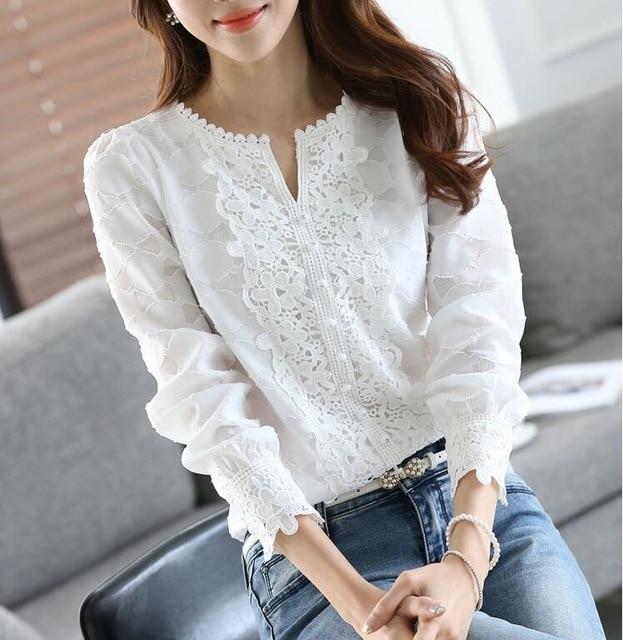Women New Arrival Spring Basic Chiffon Blouse Shirts Ladies Lace Solid Long Sleeve Casual Tops Embroidery Plus Size