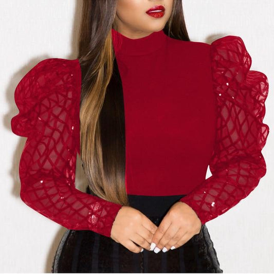 Women Plus Size Puff Sleeve Mesh See Through Long Sleeve O-neck Top Shirt Black Spring Fall Chic Slim Shirt