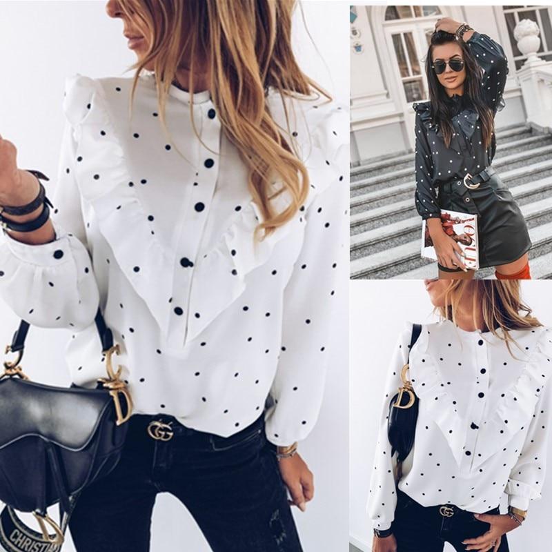 2020 Fashion Autumn Women Ladies Blouses And Tops Casual Ruffles Dot O Neck Shirt Long Sleeve Blouse