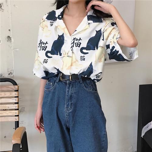 Chinese Letter Cat Printed Casual Loose Turn Down Collar 2019 Hot Sale Button Line Female Women Short Sleeve Holiday Shirts