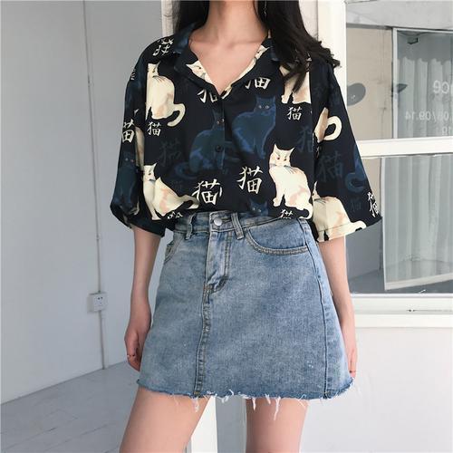Chinese Letter Cat Printed Casual Loose Turn Down Collar 2019 Hot Sale Button Line Female Women Short Sleeve Holiday Shirts