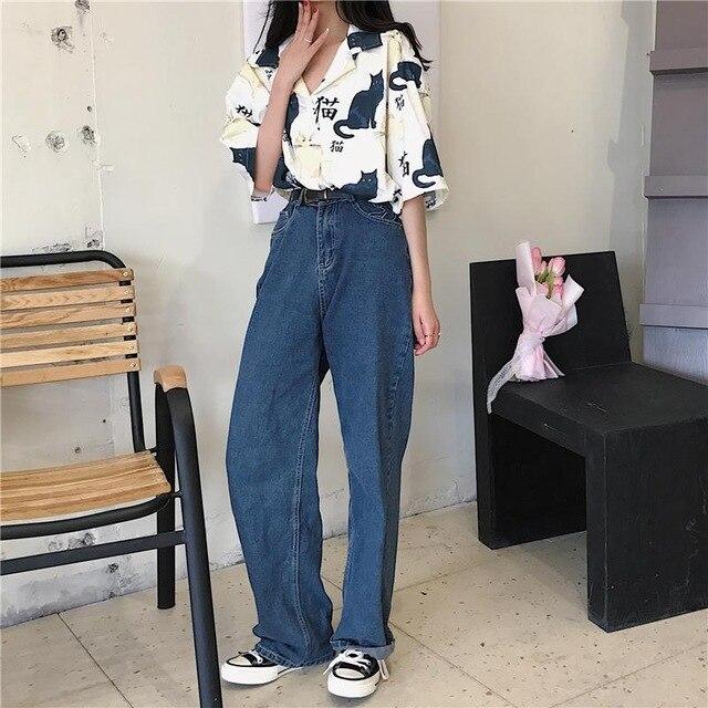 Chinese Letter Cat Printed Casual Loose Turn Down Collar 2019 Hot Sale Button Line Female Women Short Sleeve Holiday Shirts