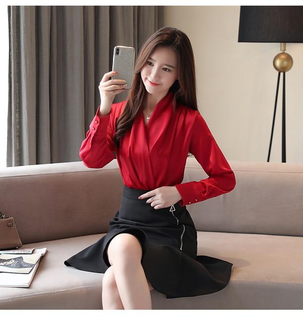 Dingaozlz Korean fashion clothing Long-sleeved Shirt V-neck Chiffon blouse Solid color Women Tops blusa feminina