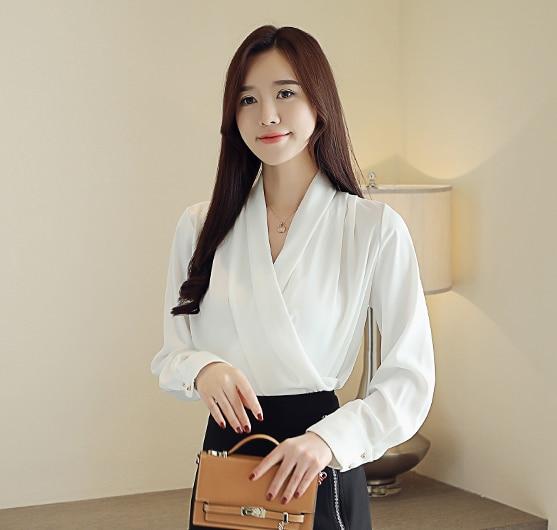 Dingaozlz Korean fashion clothing Long-sleeved Shirt V-neck Chiffon blouse Solid color Women Tops blusa feminina