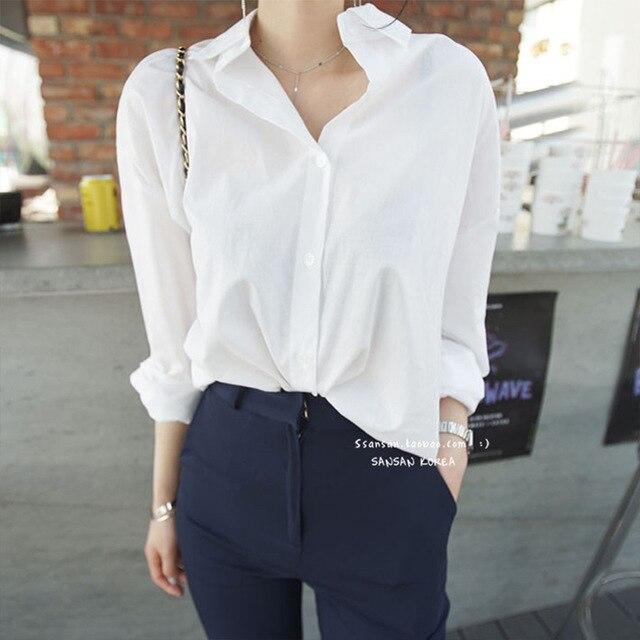 New Arrival Women Solid Turn-down Collar White Shirt Batwing Sleeve Button Up Long Blouse Korea Style Feminina Blusa T9O904F
