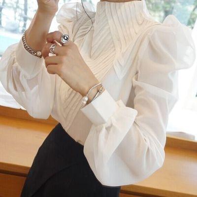New 2020 spring autumn Women puff Sleeve Stand Collar Chiffon Blouses office Ladies tops shirt plus size 2XL!