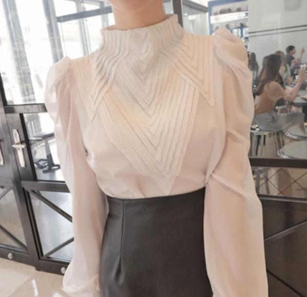 New 2020 spring autumn Women puff Sleeve Stand Collar Chiffon Blouses office Ladies tops shirt plus size 2XL!