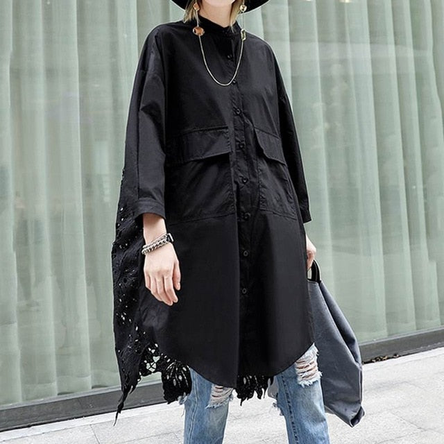 Women Lace Crochet Shirt ZANZEA Casual Lapel Neck Long Sleeve Hollow Out Blouse Loose Long Tops Femme Patchwork Blusas Chemise 7