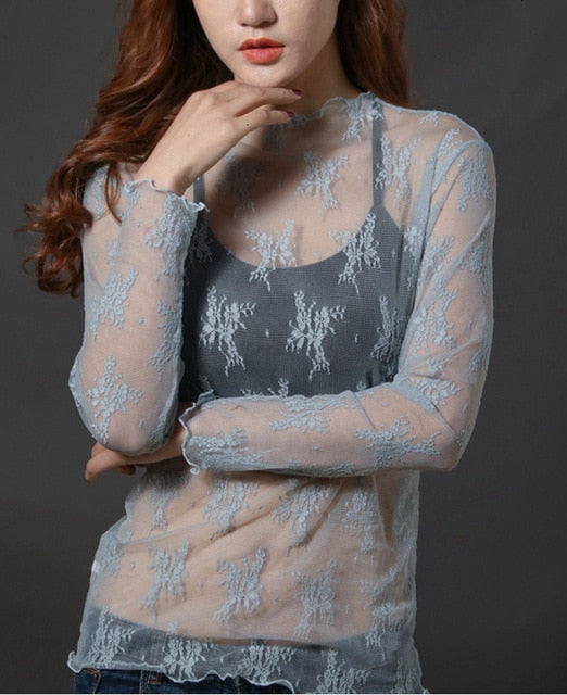 Sexy Women See Through Transparent Mesh Tops Long Sleeve Sheer Slim Ladies Turtleneck ds501