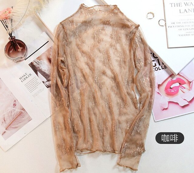 Sexy Women See Through Transparent Mesh Tops Long Sleeve Sheer Slim Ladies Turtleneck ds501