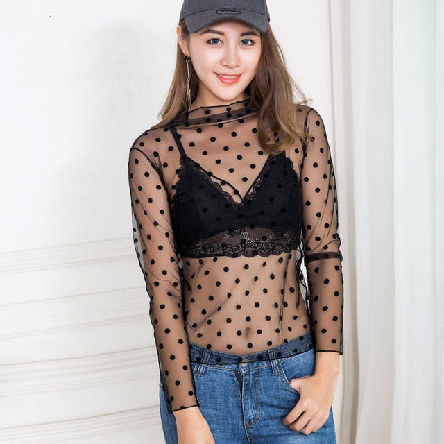 Sexy Women See Through Transparent Mesh Tops Long Sleeve Sheer Slim Ladies Turtleneck ds501